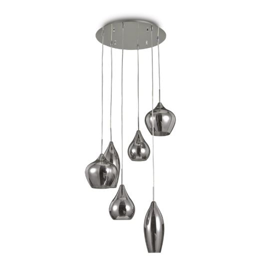 Soft 6-Drop Smoky Chrome Glass Cluster Pendant Light 600mm