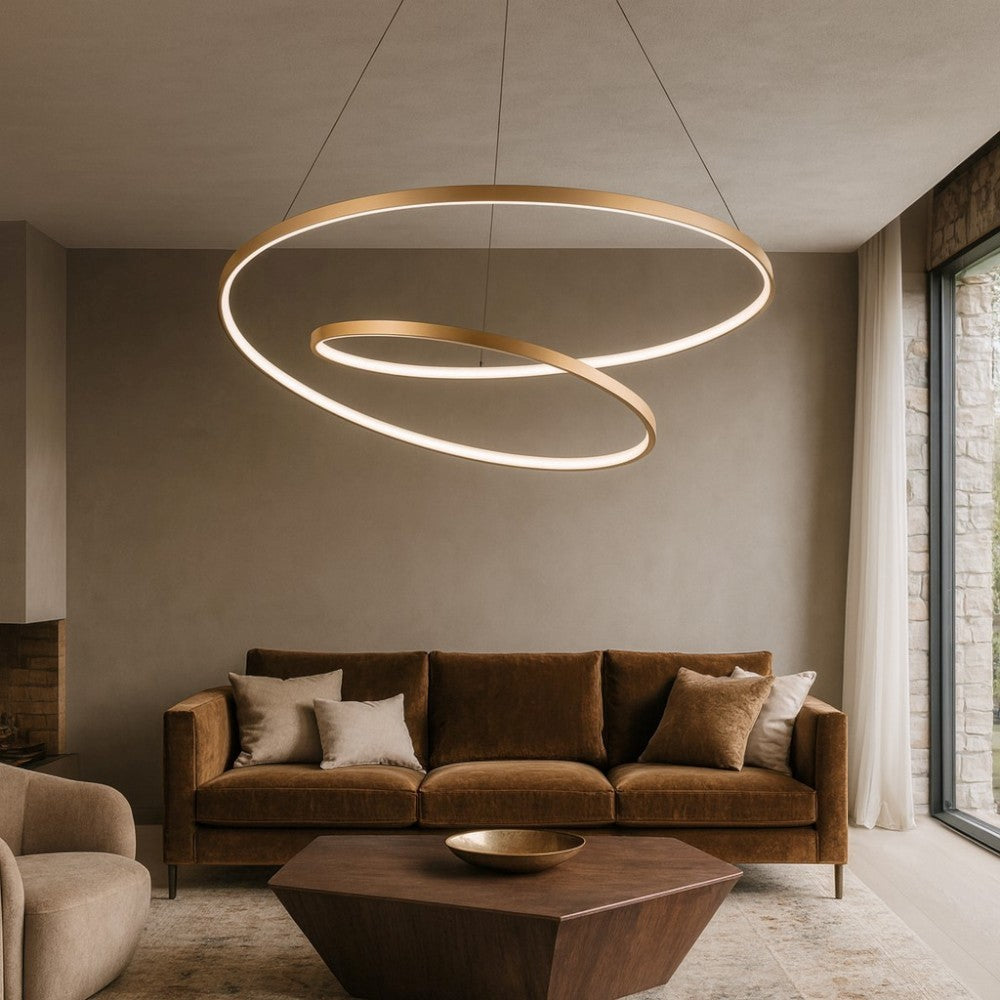 Oz Spiral Double Ring LED Chandelier Brushed Brass 800mm