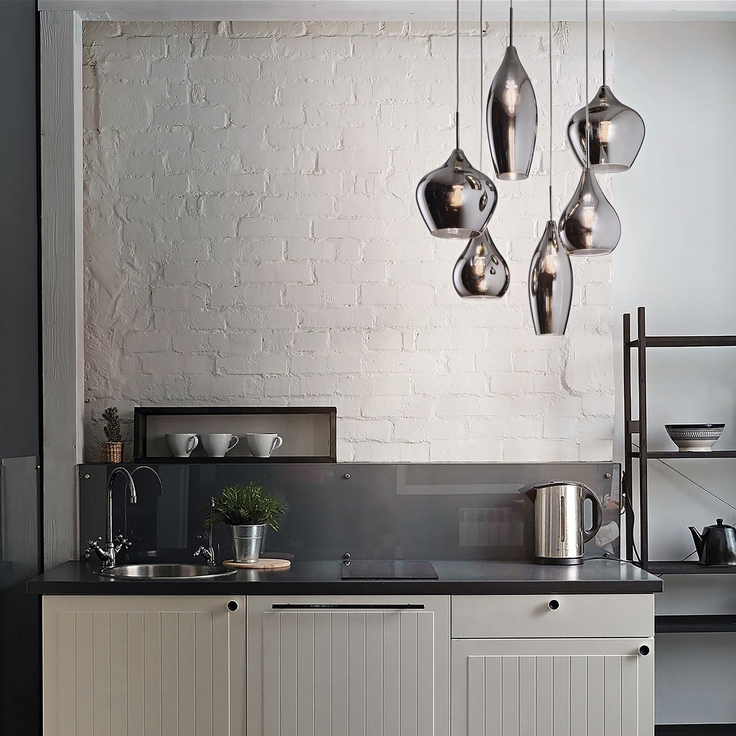 Soft 6-Drop Smoky Chrome Glass Cluster Pendant Light 600mm