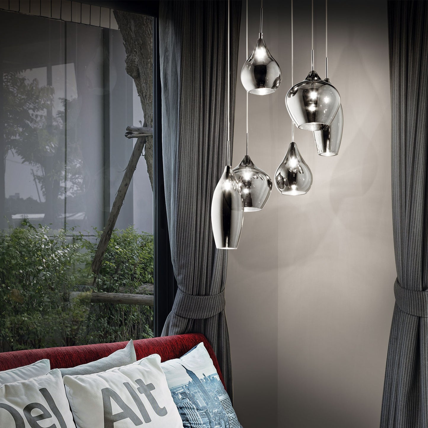 Soft 6-Drop Smoky Chrome Glass Cluster Pendant Light 600mm