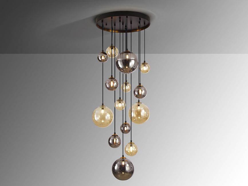 Dark 14-Light Cascading Glass Globe Pendant Light Amber Smoke