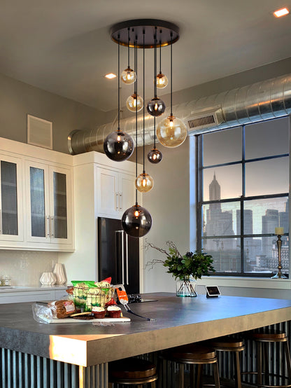 Dark 9-Light Cascading Glass Globe Pendant Light Amber Smoke