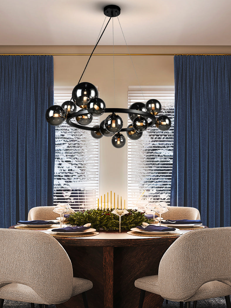 Astros 14-Light Smoked Glass Globe Cluster Pendant Black and Brass