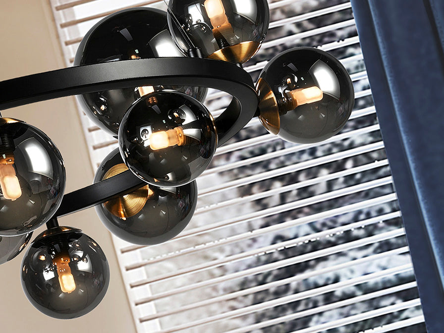 Astros 14-Light Smoked Glass Globe Cluster Pendant Black and Brass