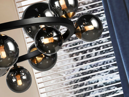 Astros 14-Light Smoked Glass Globe Cluster Pendant Black and Brass