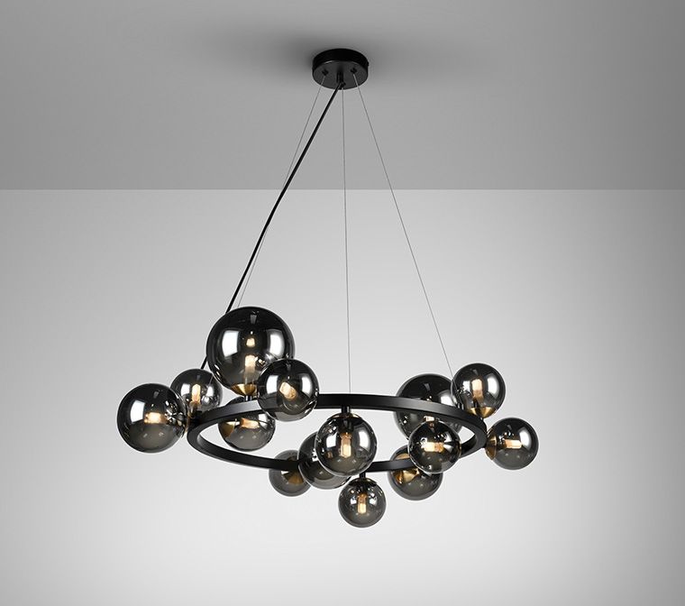 Astros 14-Light Smoked Glass Globe Cluster Pendant Black and Brass
