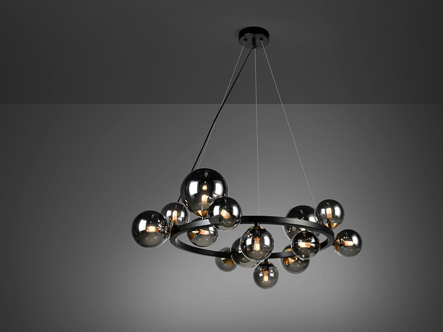Astros 14-Light Smoked Glass Globe Cluster Pendant Black and Brass