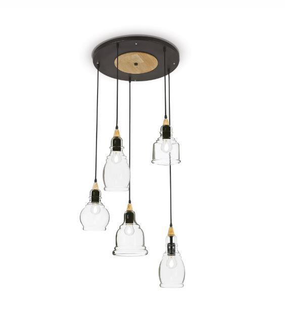 Gretel 5-Drop Mixed Glass Cluster Pendant Light Black and Wood