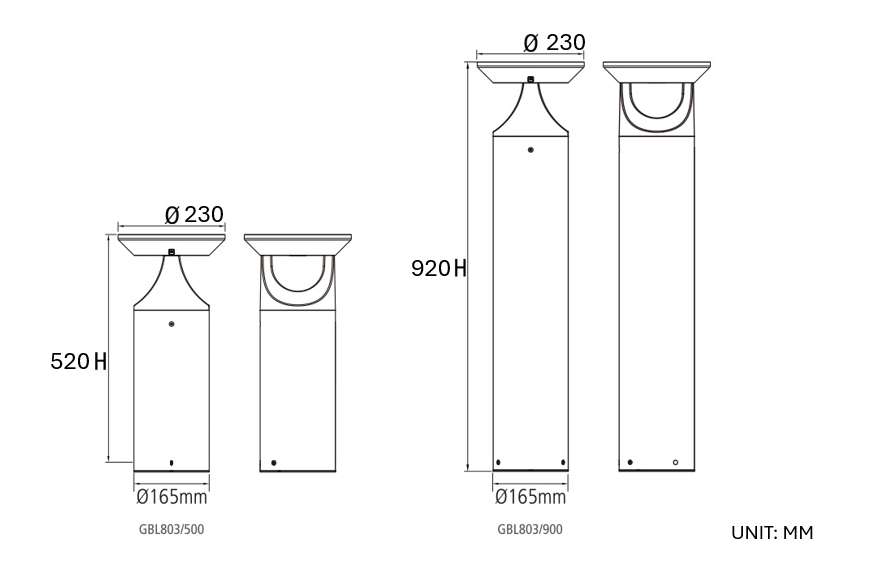 Solaire IP65 Solar LED Bollard — 520mm or 920mm