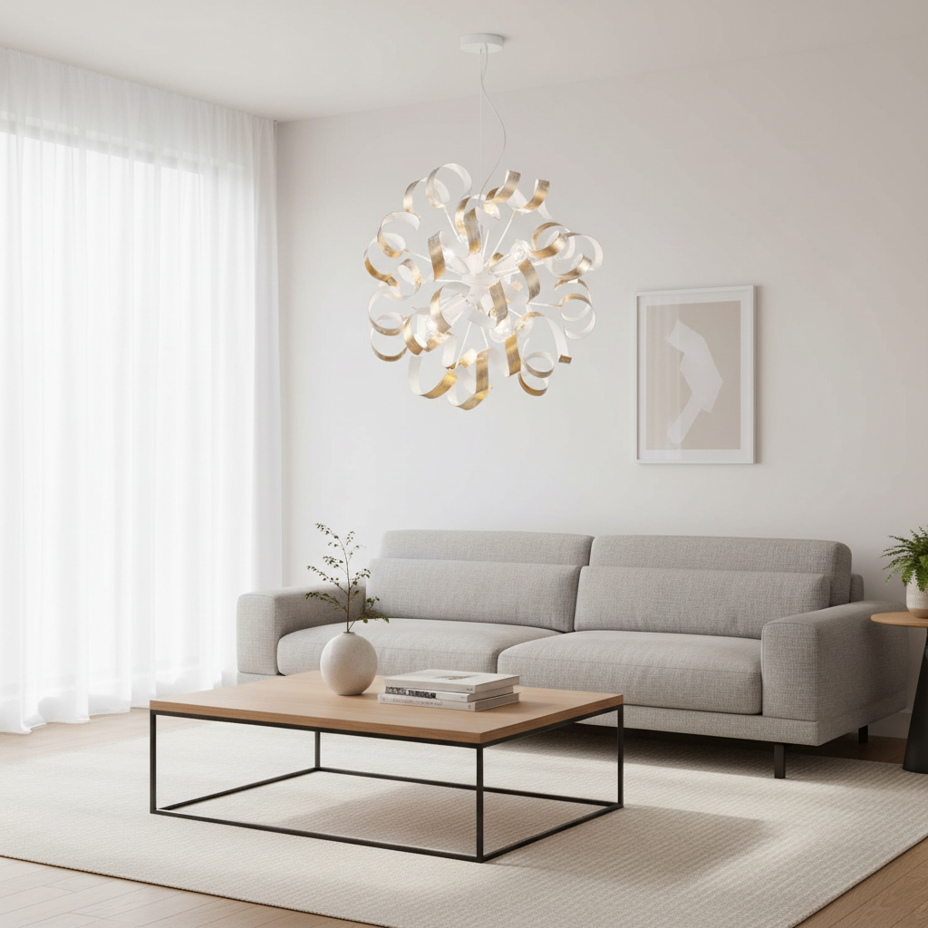 Vortex Curled Ribbon Statement Pendant Light White Gold Leaf