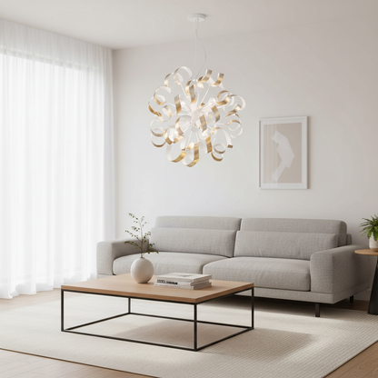 Vortex Curled Ribbon Statement Pendant Light White Gold Leaf