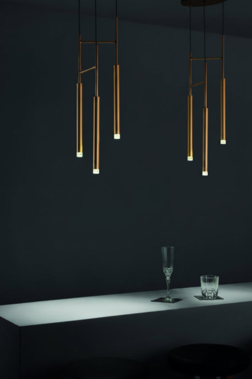 Candle Triple Slim Tube LED Pendant Light Brass