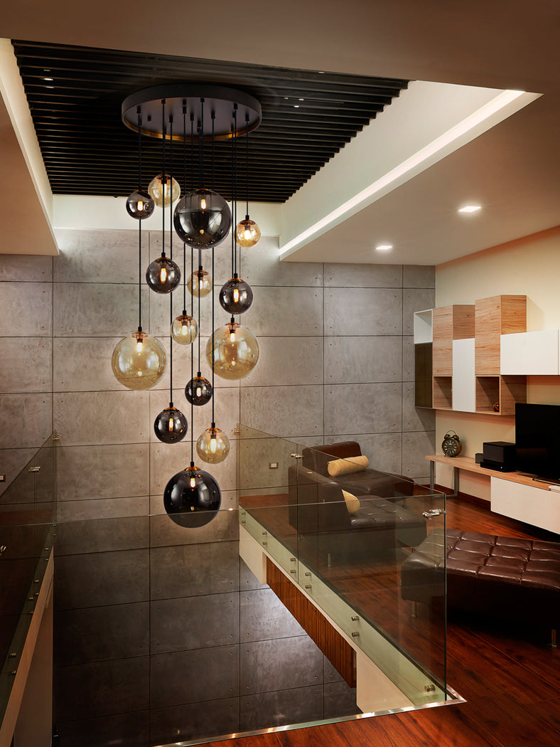 Dark 14-Light Cascading Glass Globe Pendant Light Amber Smoke