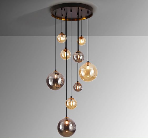 Dark 9-Light Cascading Glass Globe Pendant Light Amber Smoke