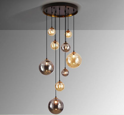 Dark 9-Light Cascading Glass Globe Pendant Light Amber Smoke