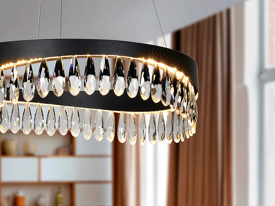Selene Crystal Drop Ring LED Pendant — Matt Black 600mm