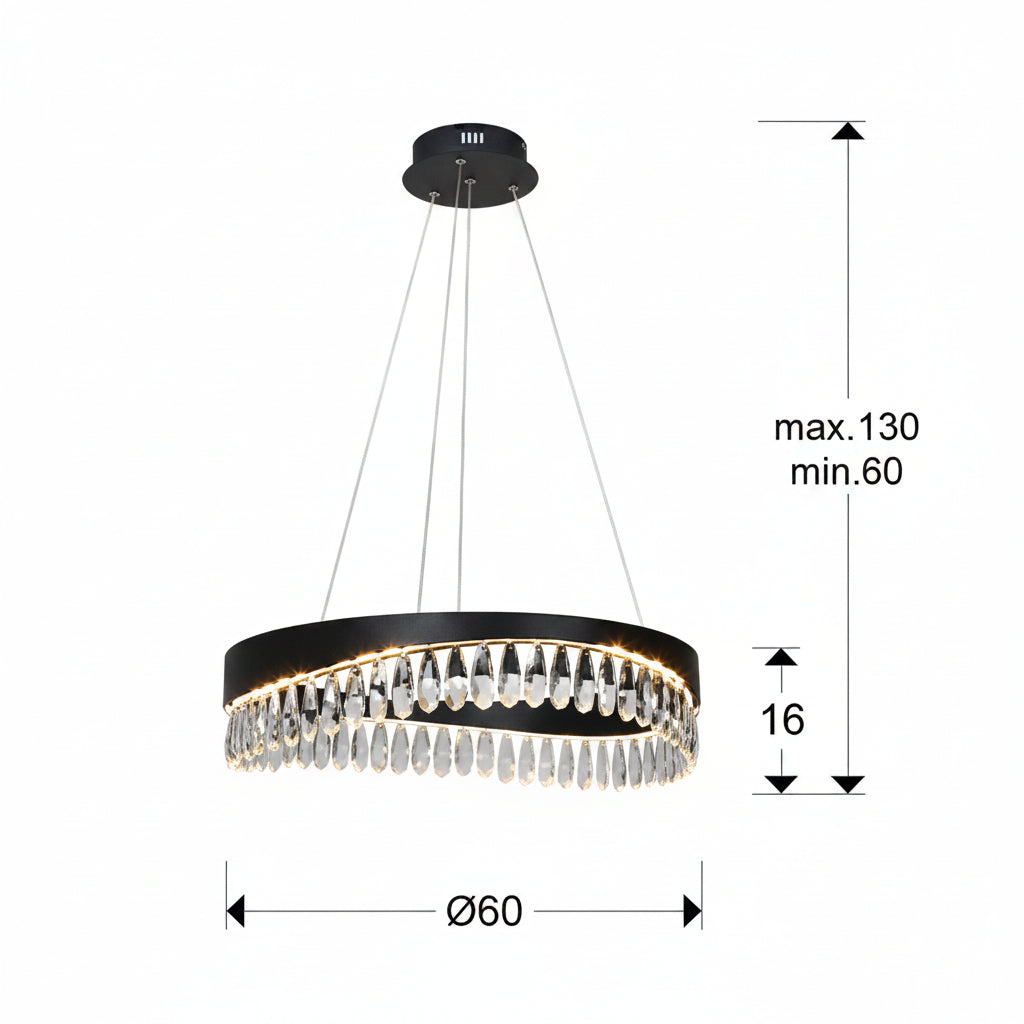 Selene Crystal Drop Ring LED Pendant — Matt Black 600mm