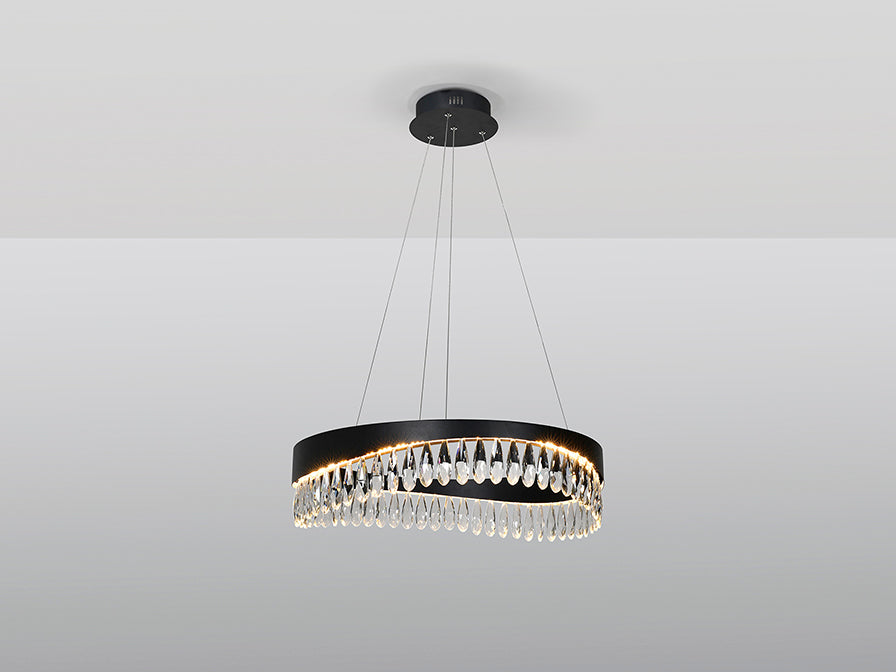 Selene Crystal Drop Ring LED Pendant — Matt Black 600mm